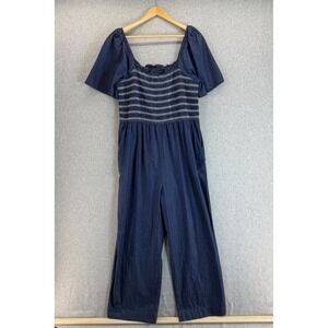 Draper James Smocked Jumpsuit Wide Leg Pockets Denim Blue Womens‎ Size XL